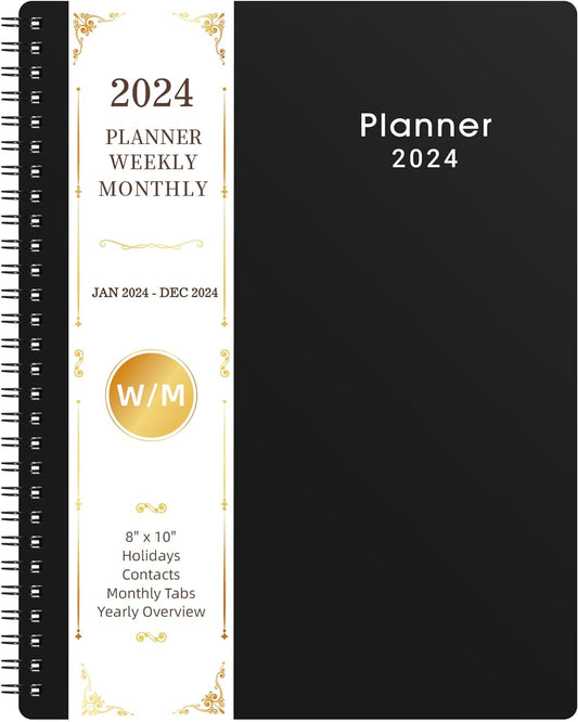 2024 Planner - Weekly and Monthly Planner 2024, Jan 2024 - Dec 2024, 8'' X 10'', 2024 Calendar Planner with Printed Monthly Tabs, Twin-Wire Binding, Thick Paper, Flexible Cover - Classic Black