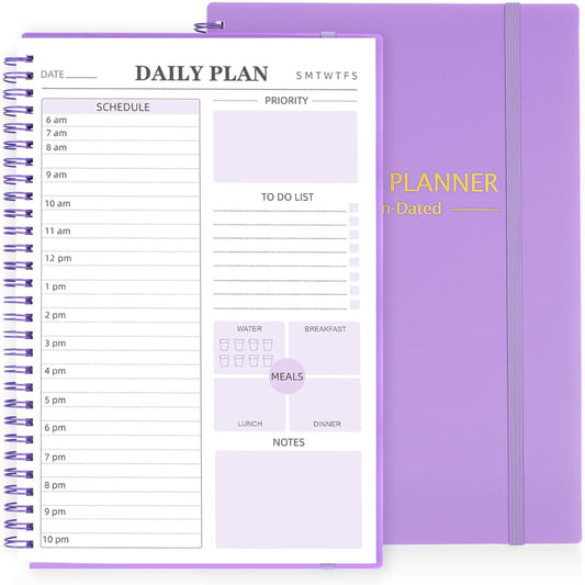 Daily Planner Undated, 7.3" X 10.2" Appointment Planner to Do List Notebook with Hourly Schedules Calendars Meal, Spiral Today Planner Work Organizer for Man and Women, Purple
